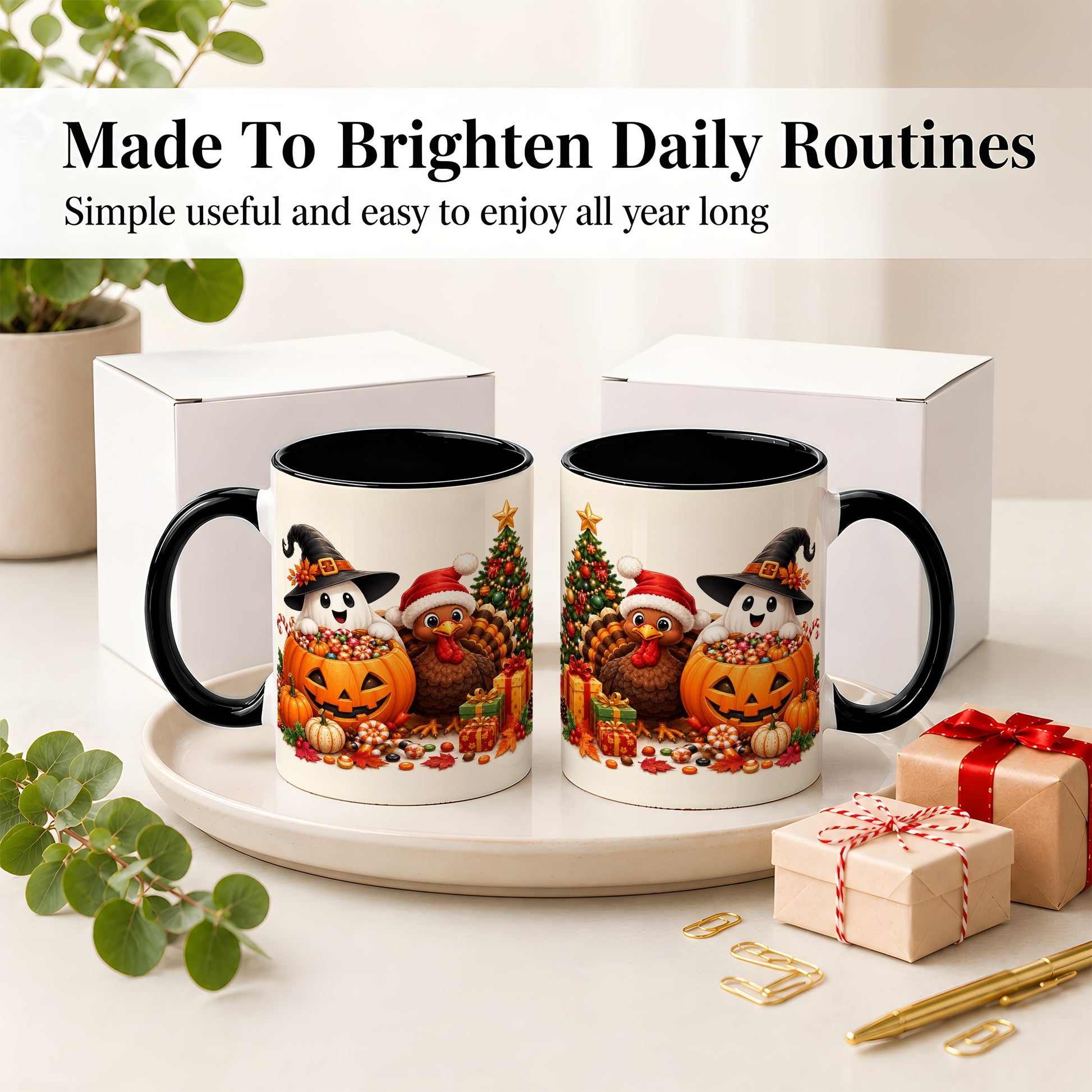 #pl[11oz|Black] Holiday Ghost Turkey Ceramic Mug, Halloween Christmas Artwork