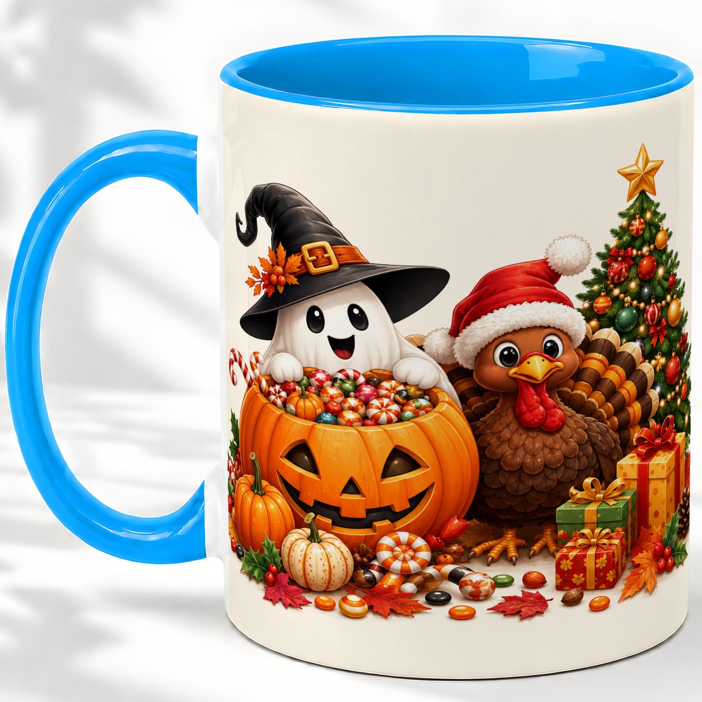 #pl[11oz|Blue] Holiday Ghost Turkey Ceramic Mug, Halloween Christmas Artwork