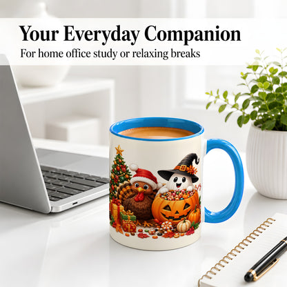 #pl[11oz|Blue] Holiday Ghost Turkey Ceramic Mug, Halloween Christmas Artwork