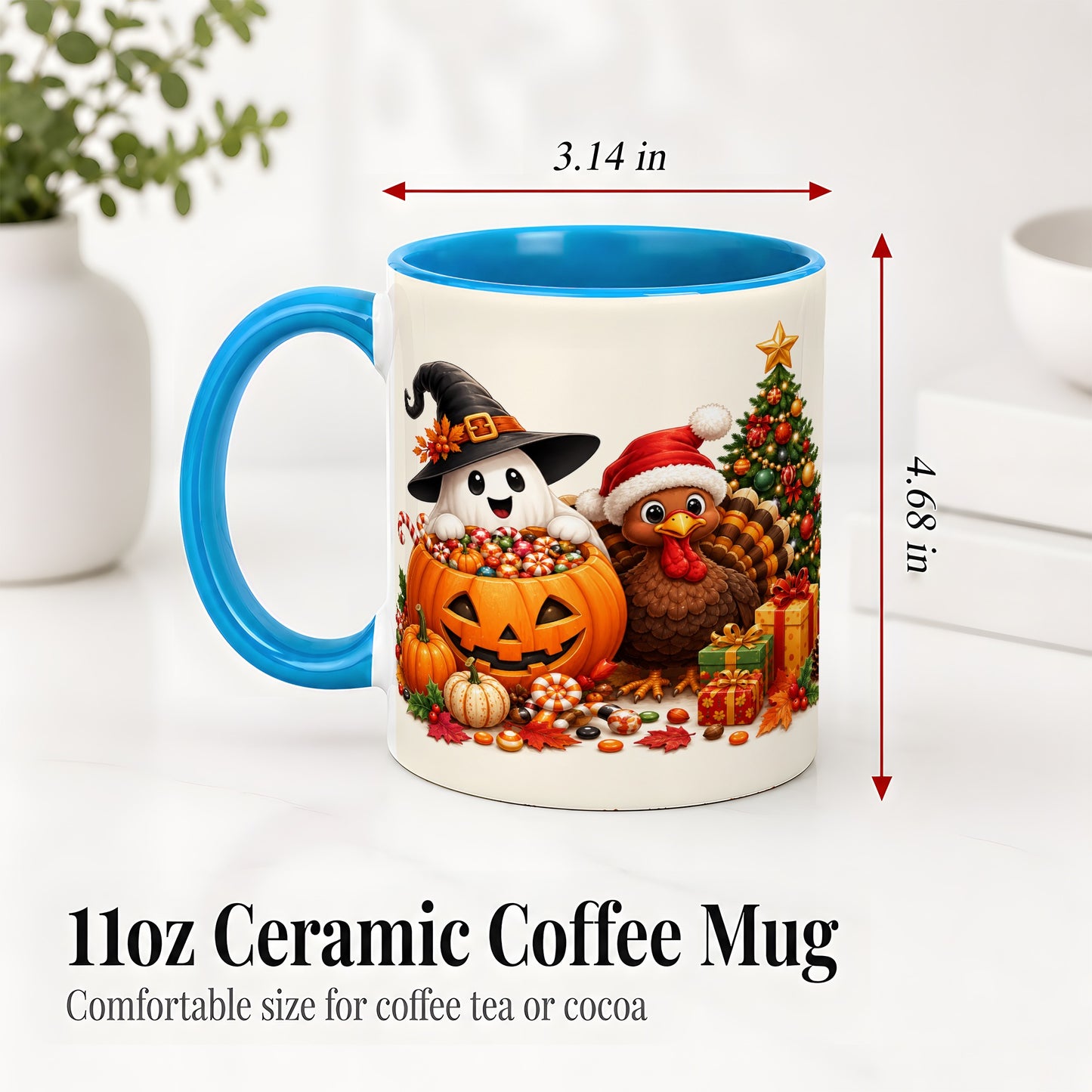#pl[11oz|Blue] Holiday Ghost Turkey Ceramic Mug, Halloween Christmas Artwork