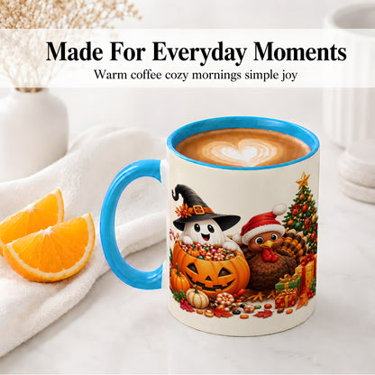 #pl[11oz|Blue] Holiday Ghost Turkey Ceramic Mug, Halloween Christmas Artwork