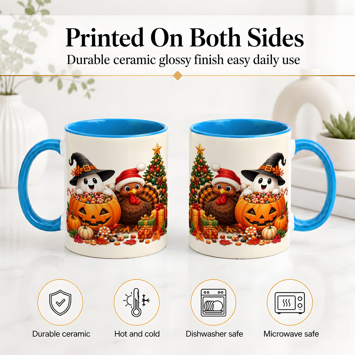#pl[11oz|Blue] Holiday Ghost Turkey Ceramic Mug, Halloween Christmas Artwork