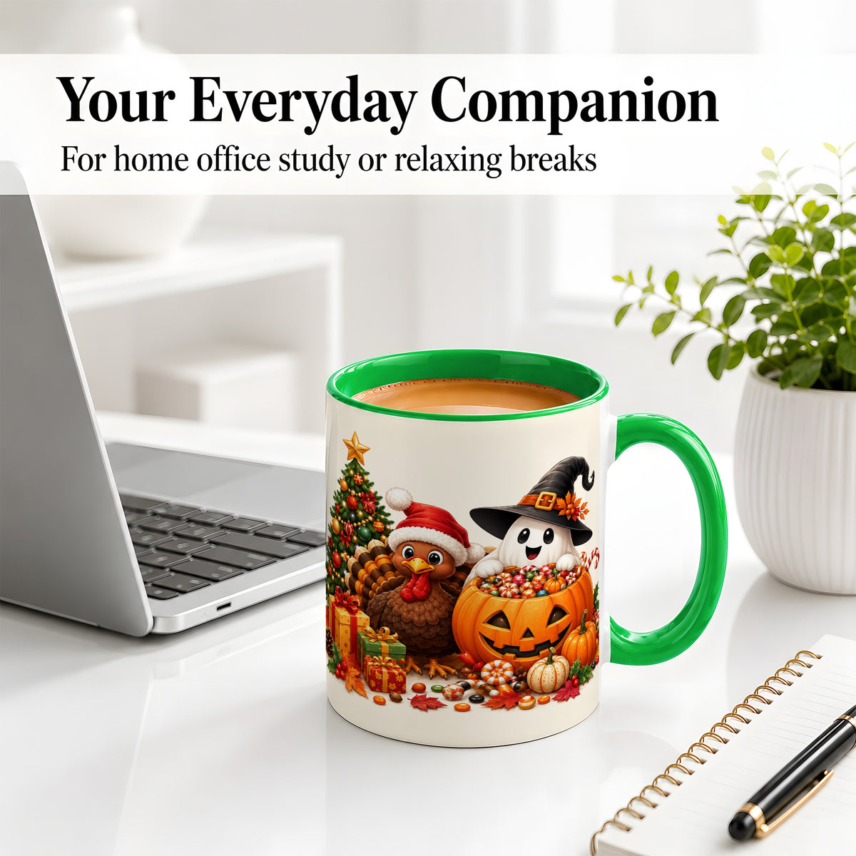 #pl[11oz|Green] Holiday Ghost Turkey Ceramic Mug, Halloween Christmas Artwork