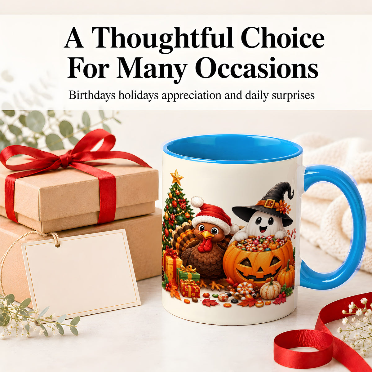 #pl[11oz|Blue] Holiday Ghost Turkey Ceramic Mug, Halloween Christmas Artwork