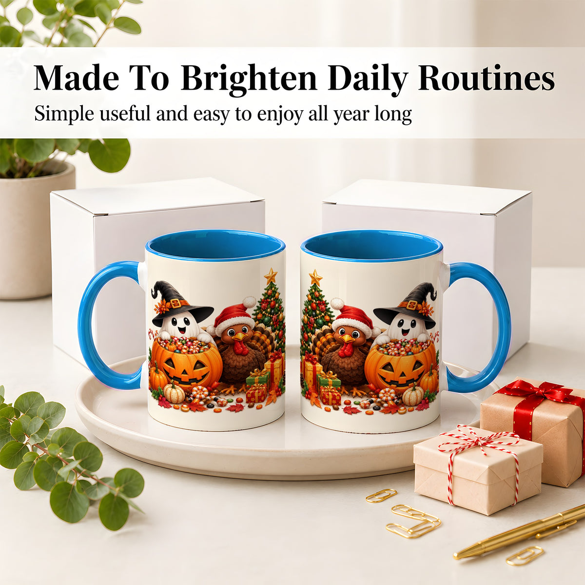 #pl[11oz|Blue] Holiday Ghost Turkey Ceramic Mug, Halloween Christmas Artwork