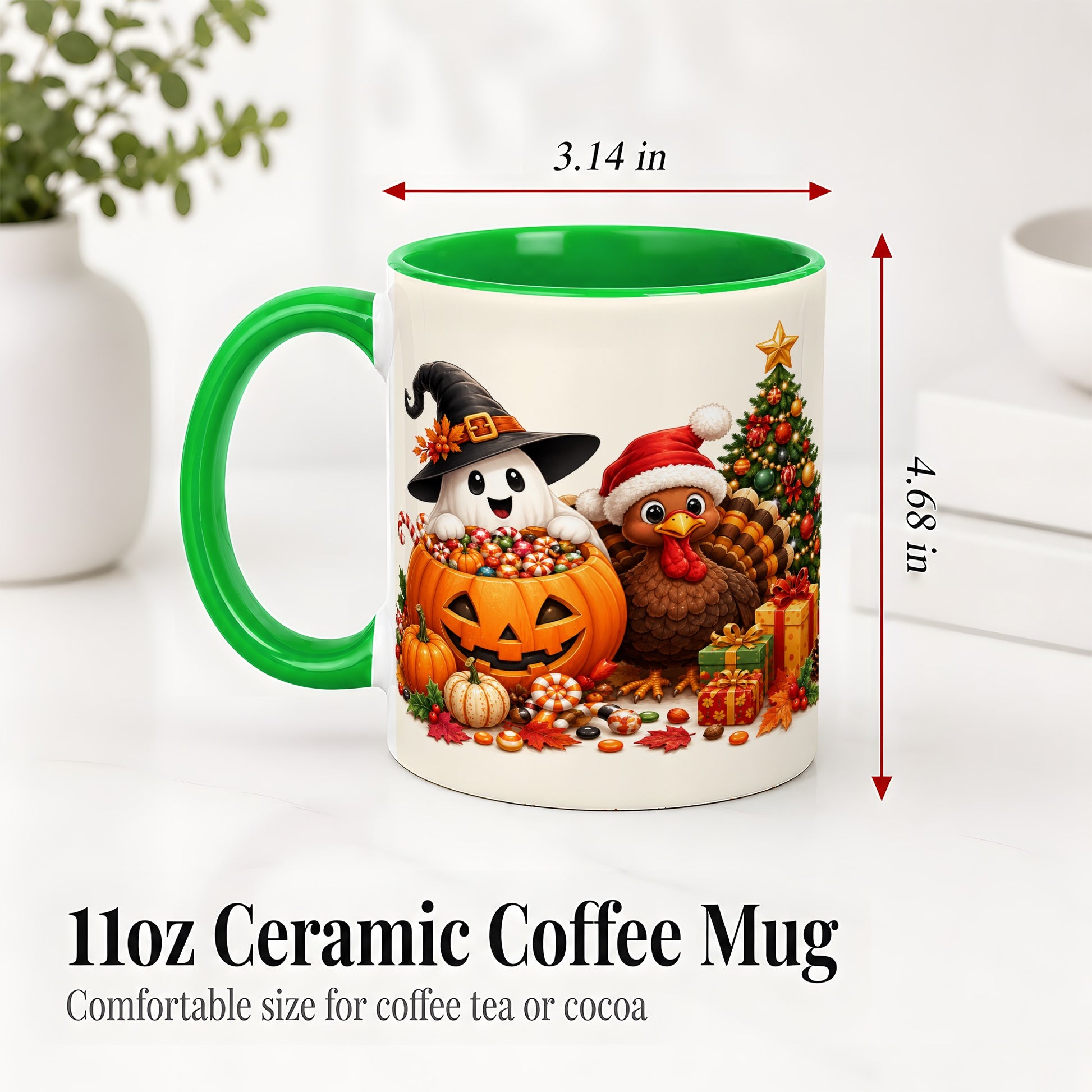 #pl[11oz|Green] Holiday Ghost Turkey Ceramic Mug, Halloween Christmas Artwork