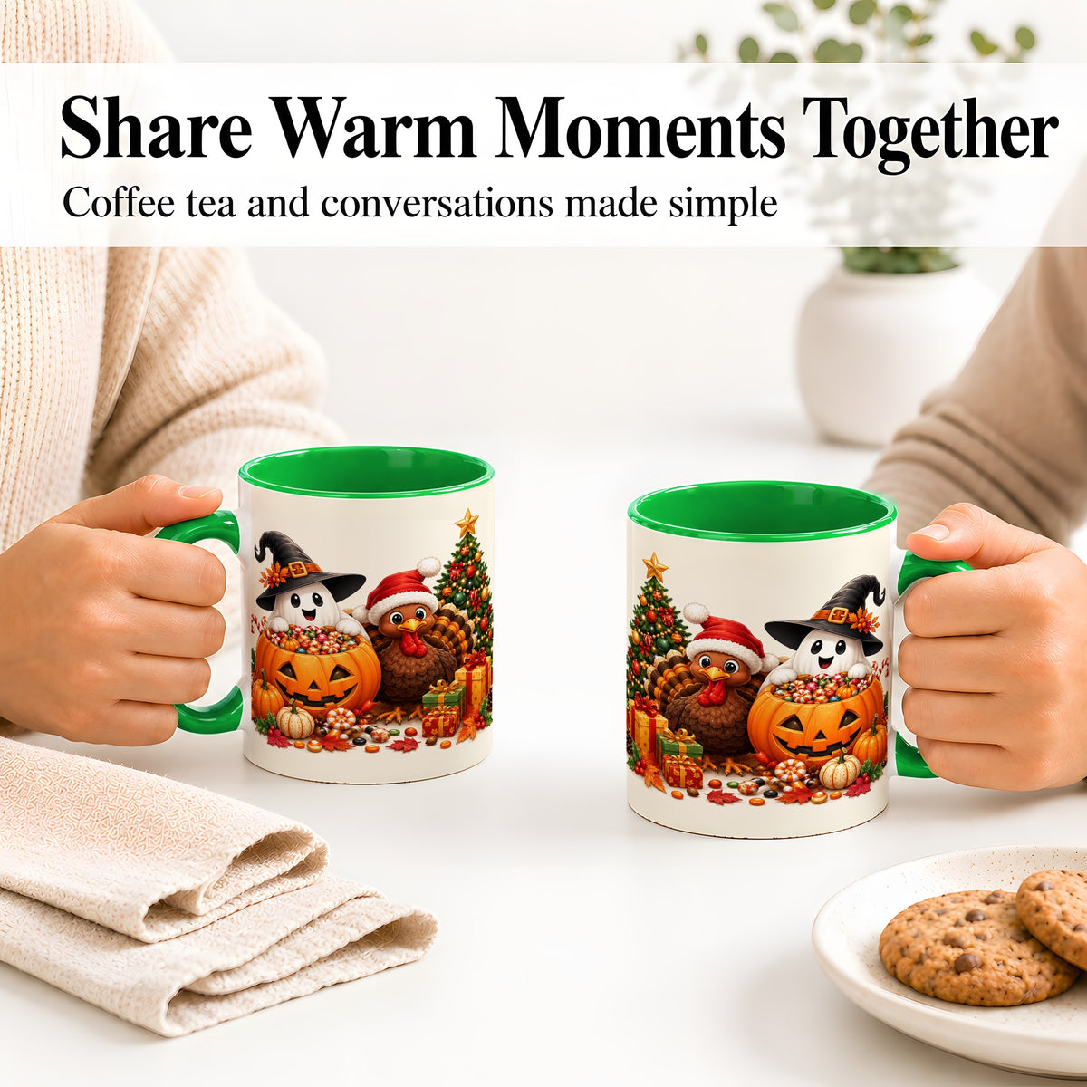 #pl[11oz|Green] Holiday Ghost Turkey Ceramic Mug, Halloween Christmas Artwork