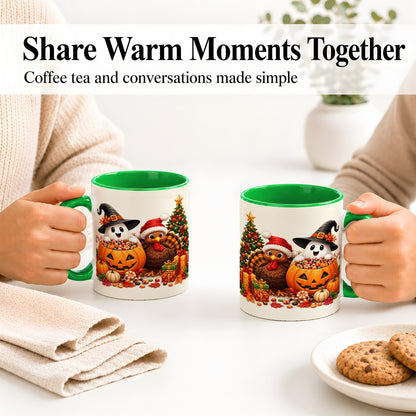 #pl[11oz|Green] Holiday Ghost Turkey Ceramic Mug, Halloween Christmas Artwork