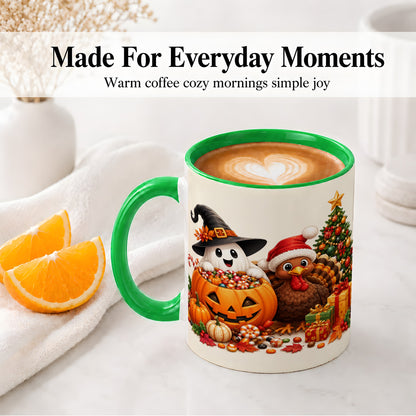 #pl[11oz|Green] Holiday Ghost Turkey Ceramic Mug, Halloween Christmas Artwork