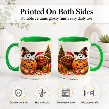 #pl[11oz|Green] Holiday Ghost Turkey Ceramic Mug, Halloween Christmas Artwork
