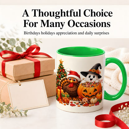 #pl[11oz|Green] Holiday Ghost Turkey Ceramic Mug, Halloween Christmas Artwork