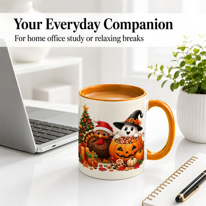 #pl[11oz|Orange] Holiday Ghost Turkey Ceramic Mug, Halloween Christmas Artwork