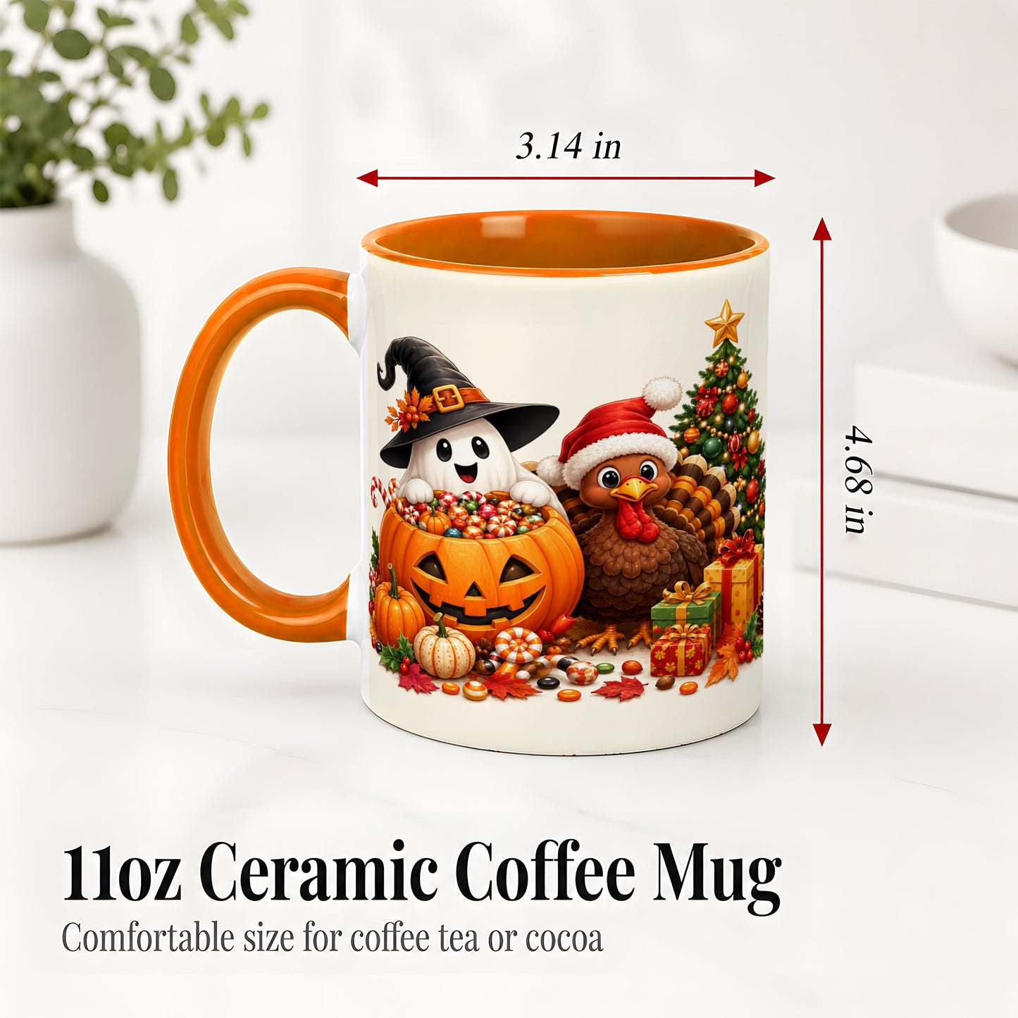 #pl[11oz|Orange] Holiday Ghost Turkey Ceramic Mug, Halloween Christmas Artwork
