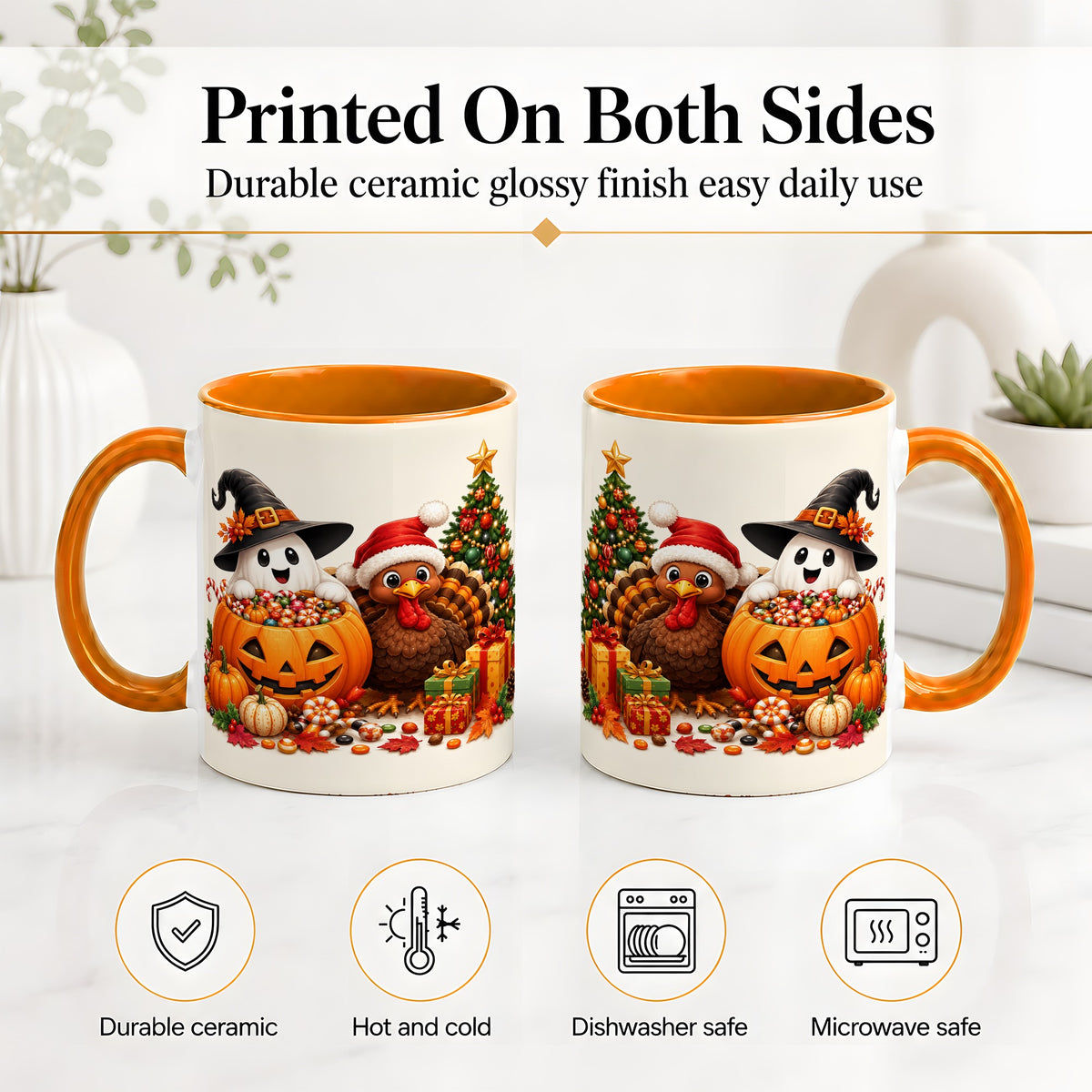 #pl[11oz|Orange] Holiday Ghost Turkey Ceramic Mug, Halloween Christmas Artwork