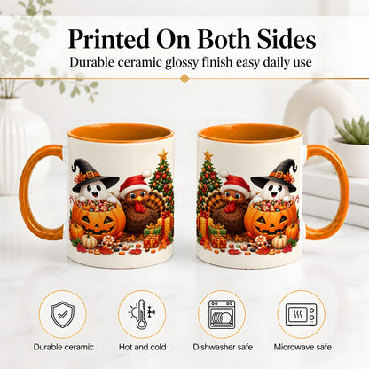 #pl[11oz|Orange] Holiday Ghost Turkey Ceramic Mug, Halloween Christmas Artwork