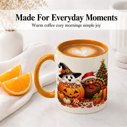 #pl[11oz|Orange] Holiday Ghost Turkey Ceramic Mug, Halloween Christmas Artwork