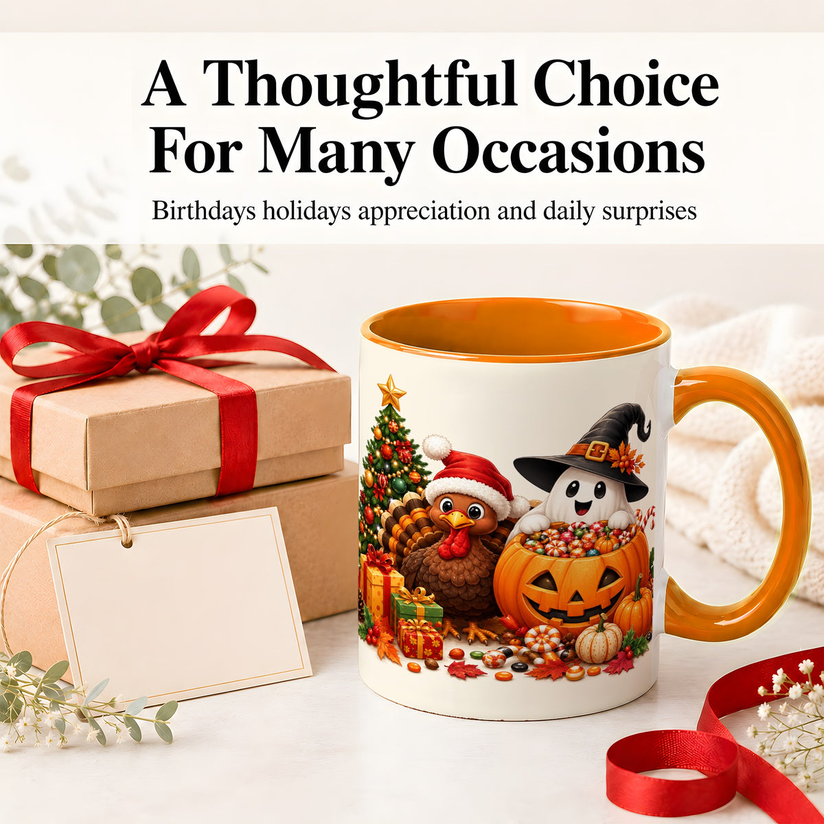 #pl[11oz|Orange] Holiday Ghost Turkey Ceramic Mug, Halloween Christmas Artwork
