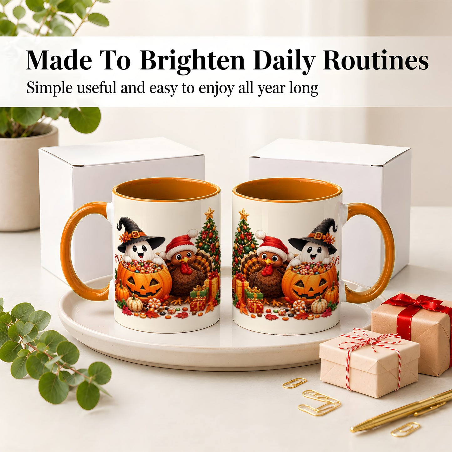 #pl[11oz|Orange] Holiday Ghost Turkey Ceramic Mug, Halloween Christmas Artwork