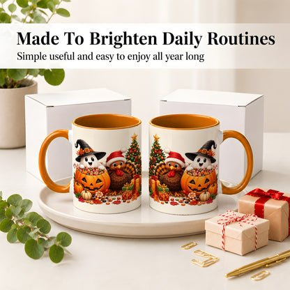 #pl[11oz|Orange] Holiday Ghost Turkey Ceramic Mug, Halloween Christmas Artwork