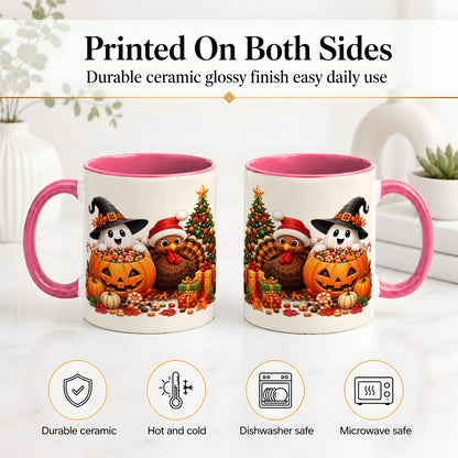 #pl[11oz|Pink] Holiday Ghost Turkey Ceramic Mug, Halloween Christmas Artwork