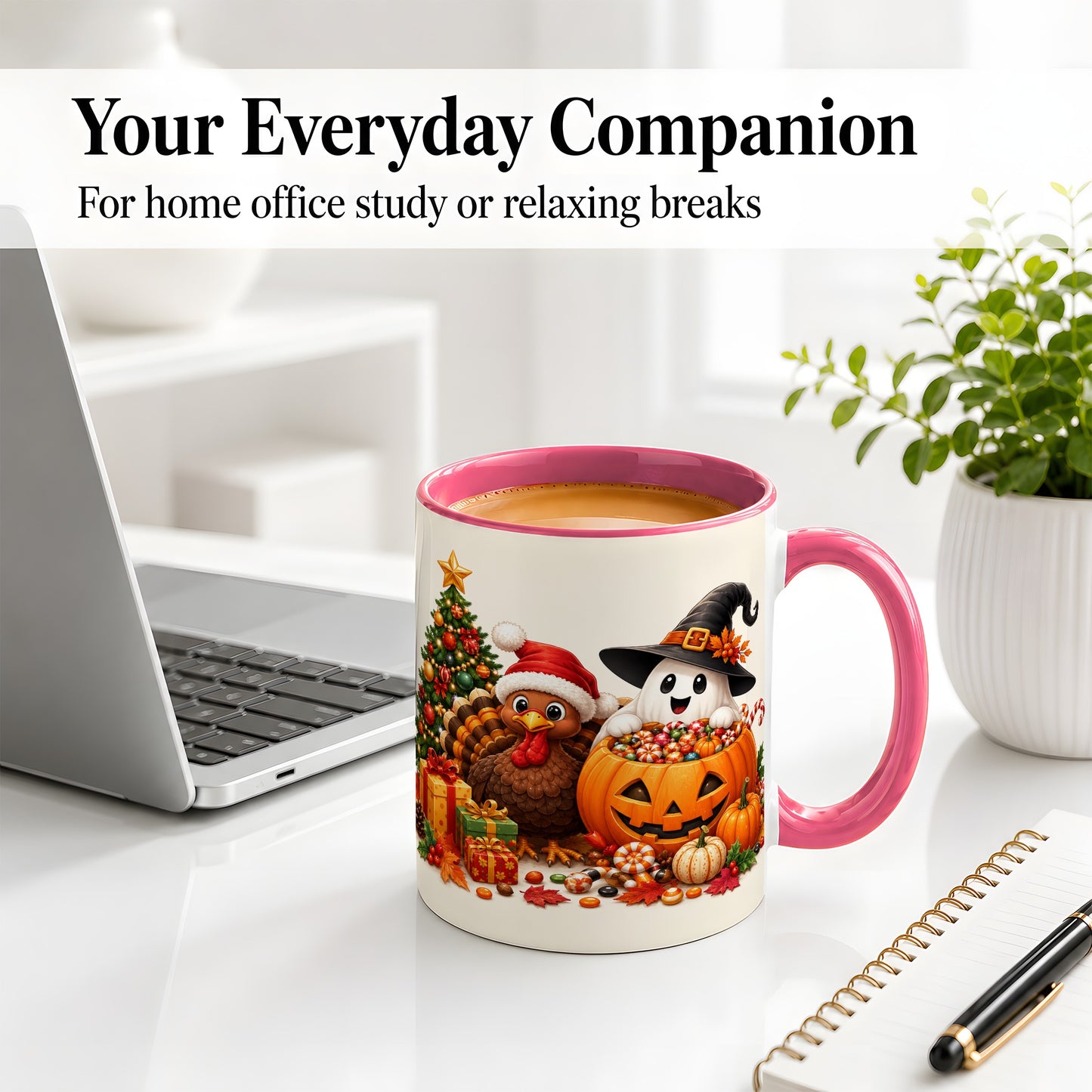 #pl[11oz|Pink] Holiday Ghost Turkey Ceramic Mug, Halloween Christmas Artwork