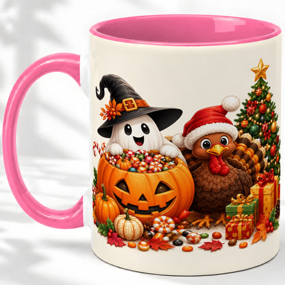 #pl[11oz|Pink] Holiday Ghost Turkey Ceramic Mug, Halloween Christmas Artwork