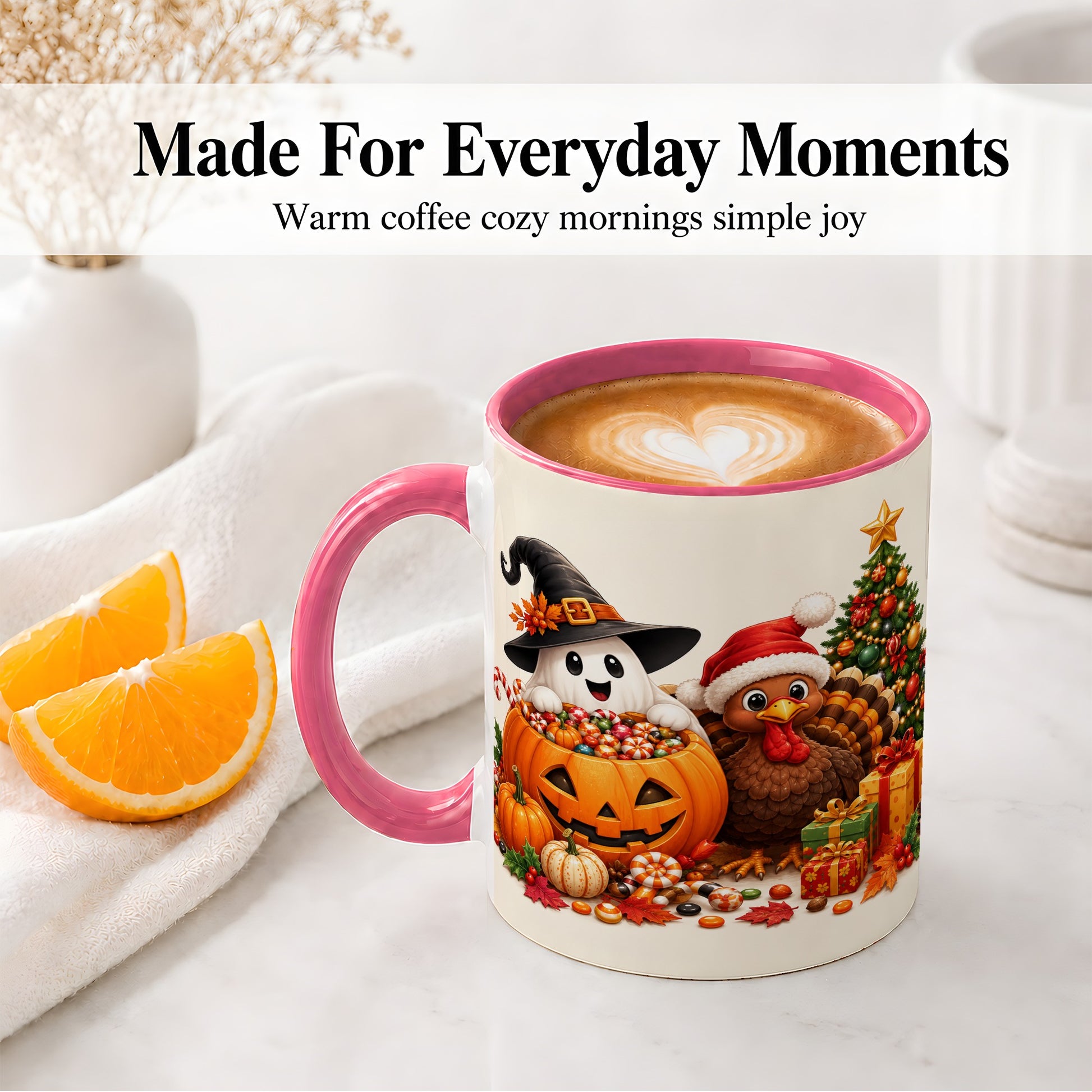 #pl[11oz|Pink] Holiday Ghost Turkey Ceramic Mug, Halloween Christmas Artwork
