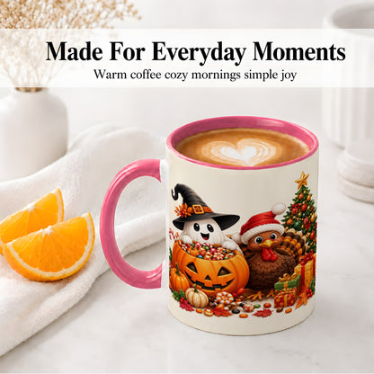 #pl[11oz|Pink] Holiday Ghost Turkey Ceramic Mug, Halloween Christmas Artwork