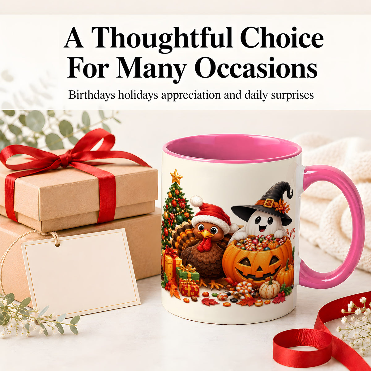 #pl[11oz|Pink] Holiday Ghost Turkey Ceramic Mug, Halloween Christmas Artwork