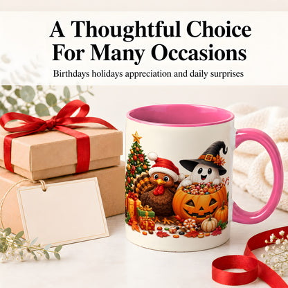 #pl[11oz|Pink] Holiday Ghost Turkey Ceramic Mug, Halloween Christmas Artwork
