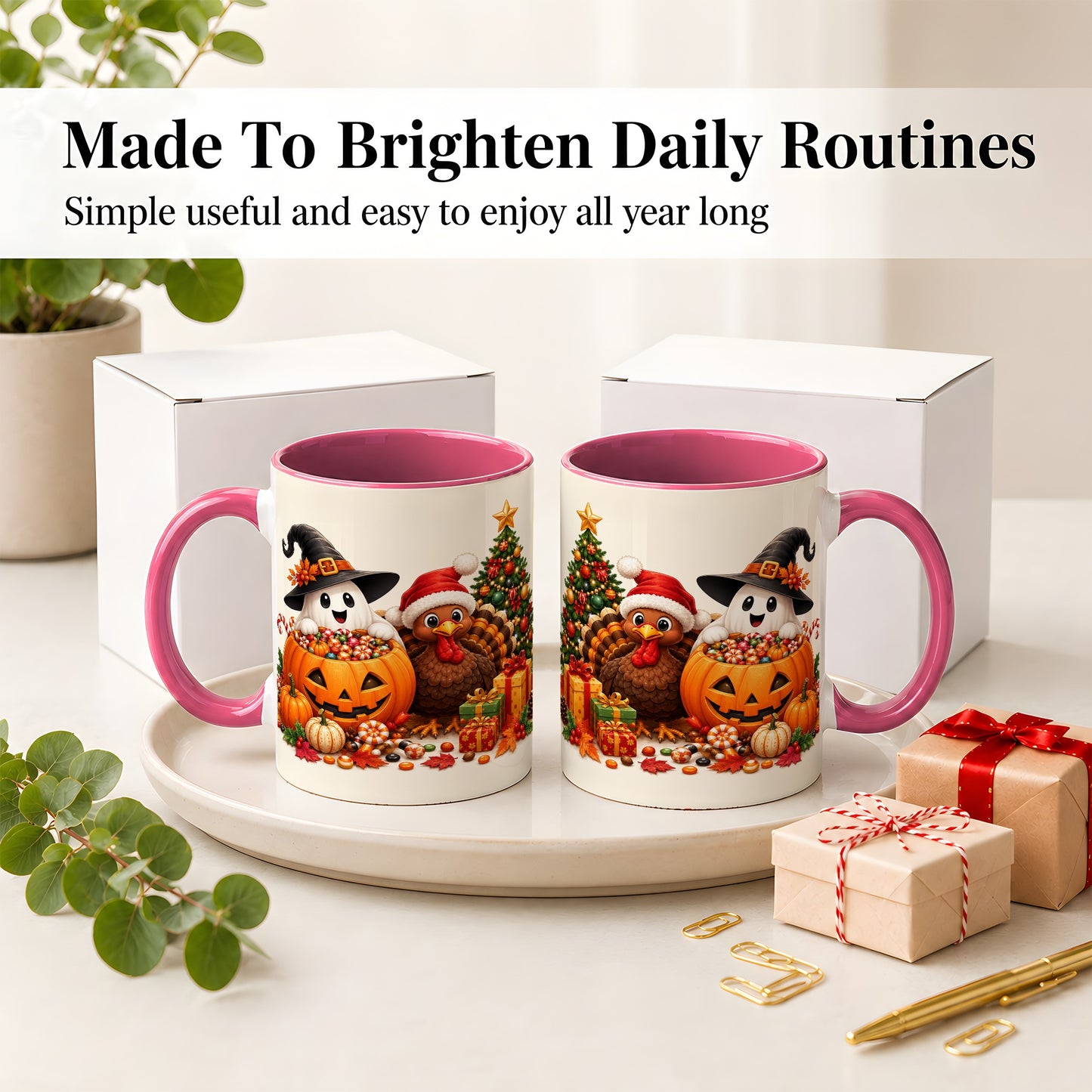 #pl[11oz|Pink] Holiday Ghost Turkey Ceramic Mug, Halloween Christmas Artwork