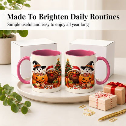 #pl[11oz|Pink] Holiday Ghost Turkey Ceramic Mug, Halloween Christmas Artwork