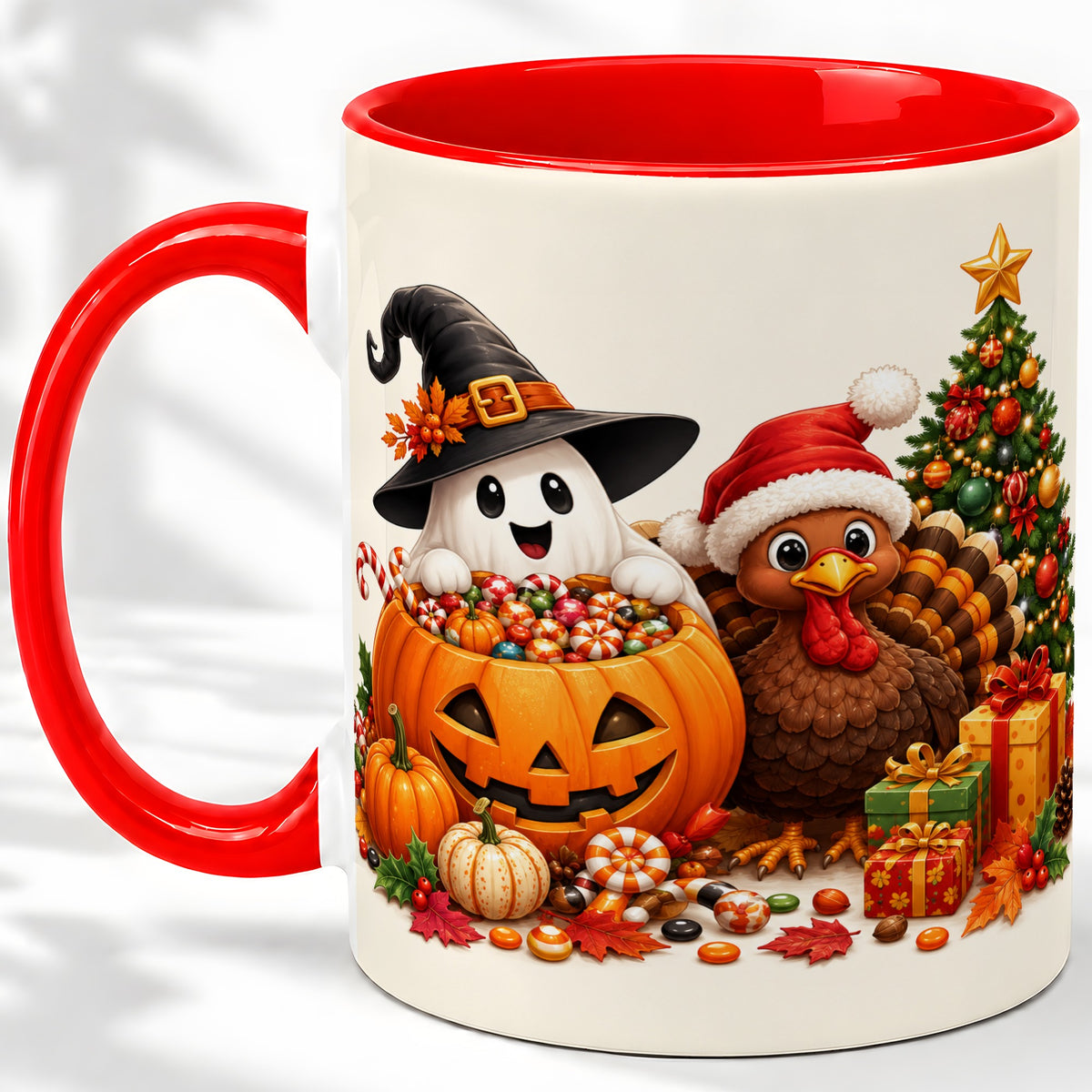 Holiday Ghost Turkey Ceramic Mug, Halloween Christmas Artwork