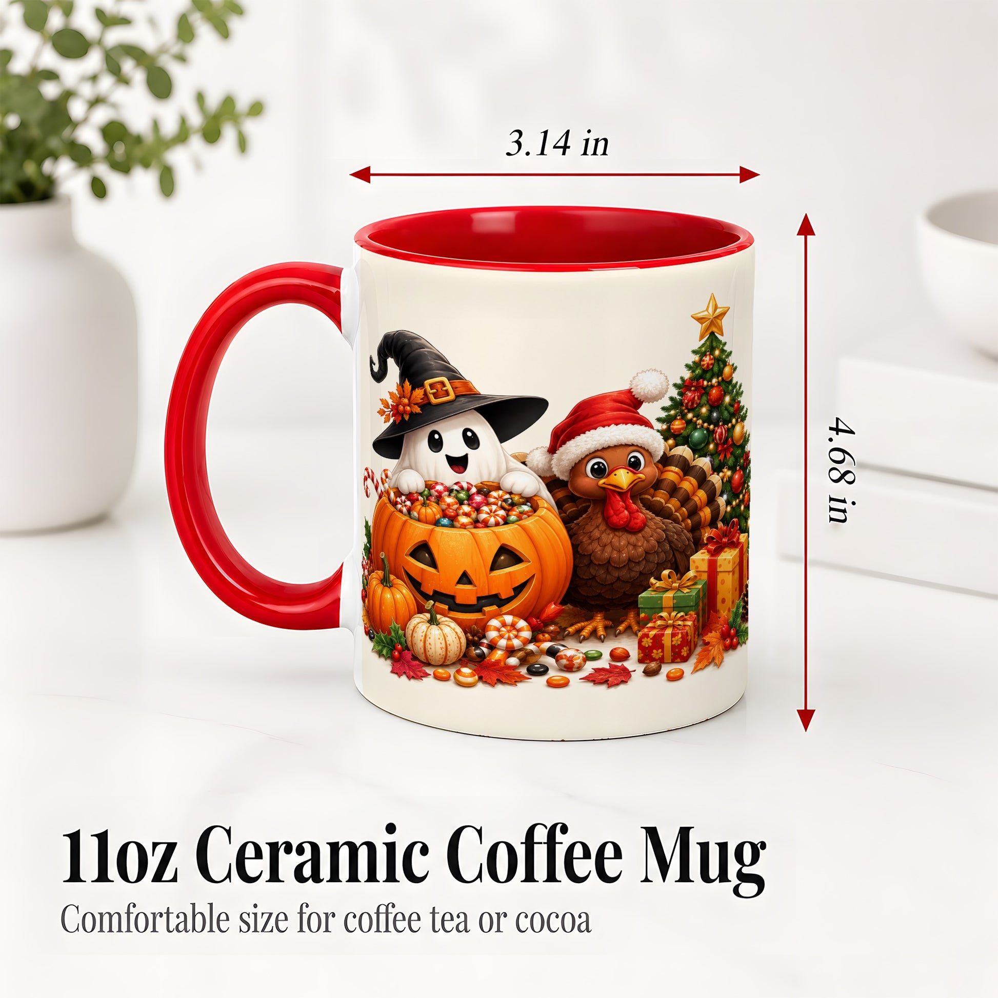 #pl[11oz|Red] Holiday Ghost Turkey Ceramic Mug, Halloween Christmas Artwork