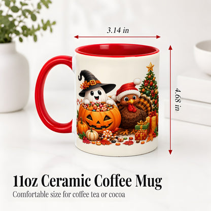 #pl[11oz|Red] Holiday Ghost Turkey Ceramic Mug, Halloween Christmas Artwork