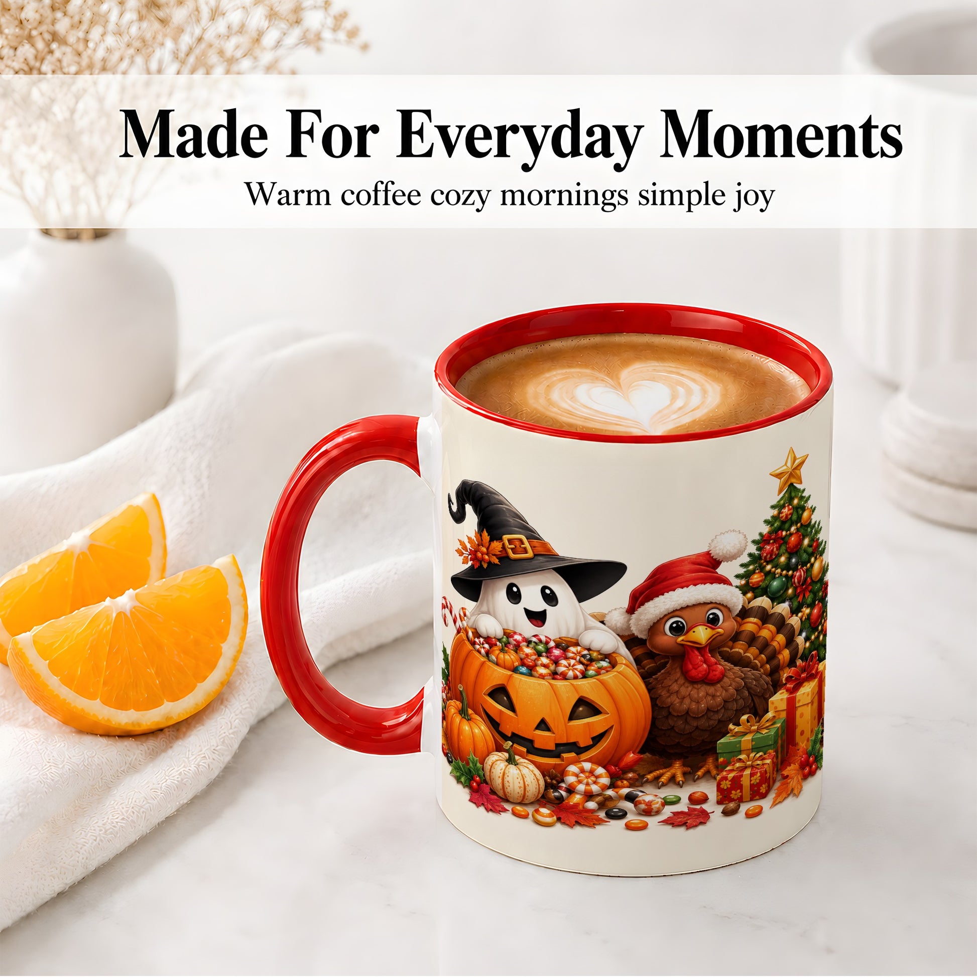 #pl[11oz|Red] Holiday Ghost Turkey Ceramic Mug, Halloween Christmas Artwork