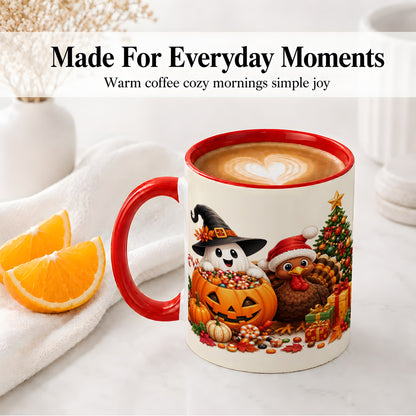 #pl[11oz|Red] Holiday Ghost Turkey Ceramic Mug, Halloween Christmas Artwork