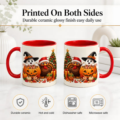 #pl[11oz|Red] Holiday Ghost Turkey Ceramic Mug, Halloween Christmas Artwork