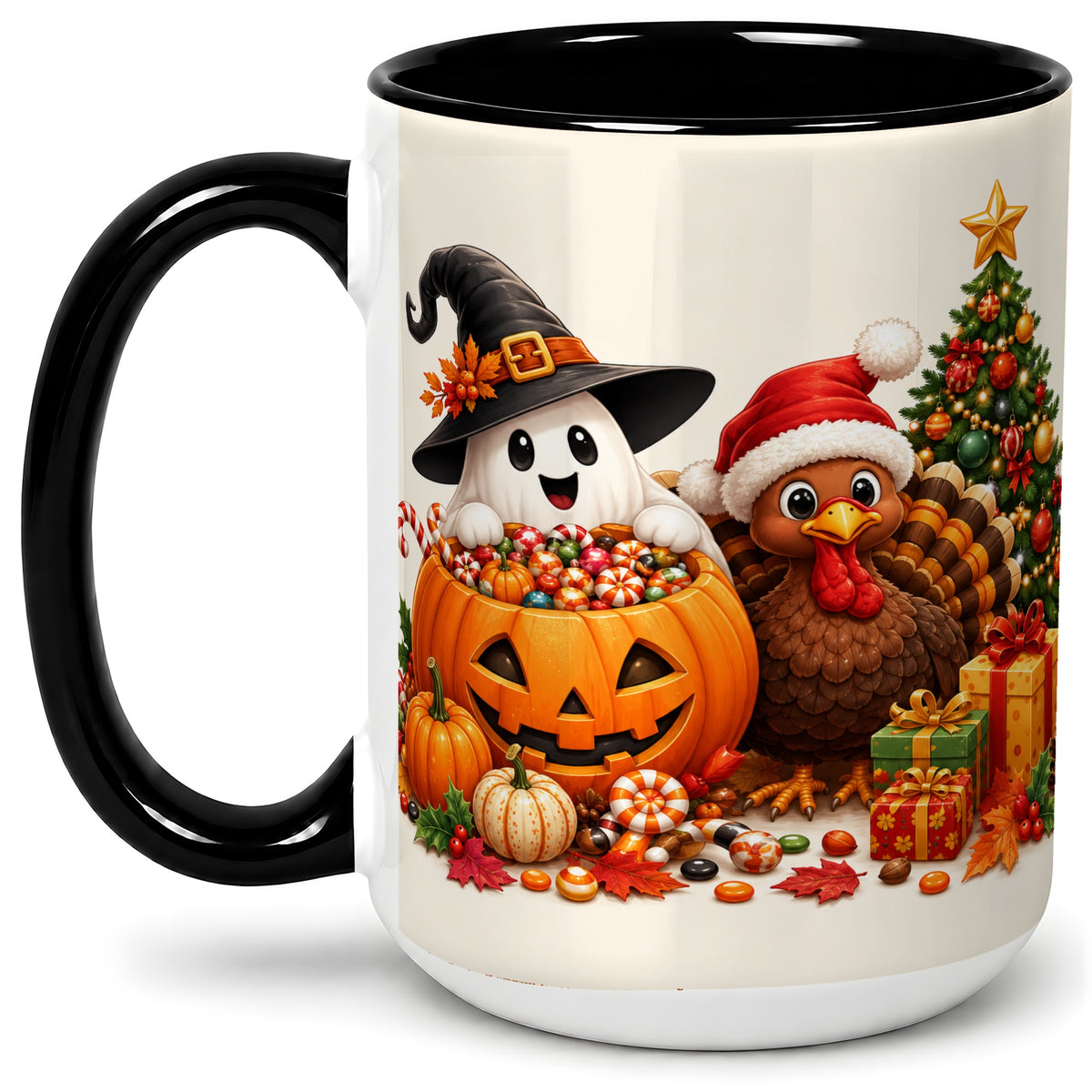 #pl[15oz|Black] Holiday Ghost Turkey Ceramic Mug, Halloween Christmas Artwork