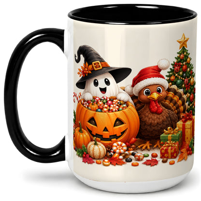 #pl[15oz|Black] Holiday Ghost Turkey Ceramic Mug, Halloween Christmas Artwork