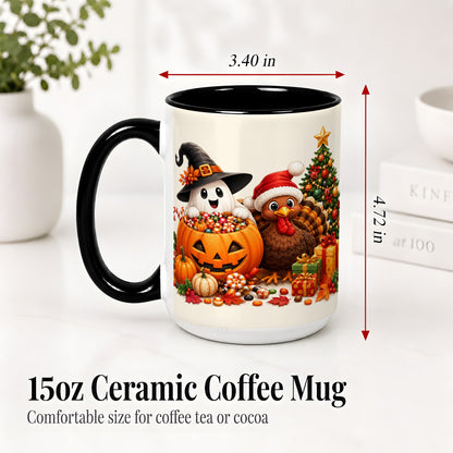 #pl[15oz|Black] Holiday Ghost Turkey Ceramic Mug, Halloween Christmas Artwork