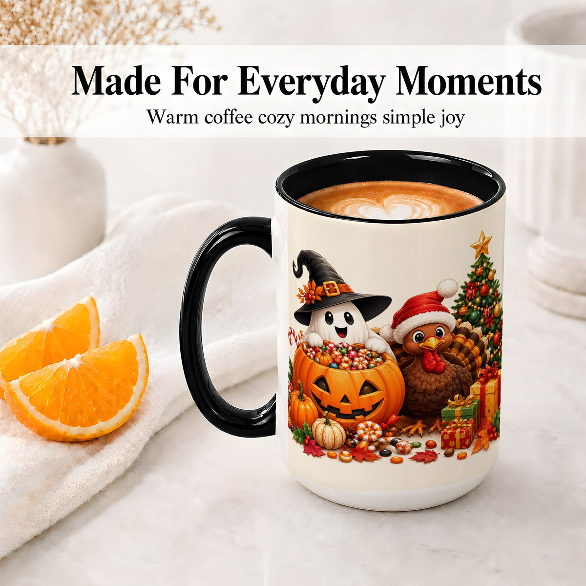 #pl[15oz|Black] Holiday Ghost Turkey Ceramic Mug, Halloween Christmas Artwork