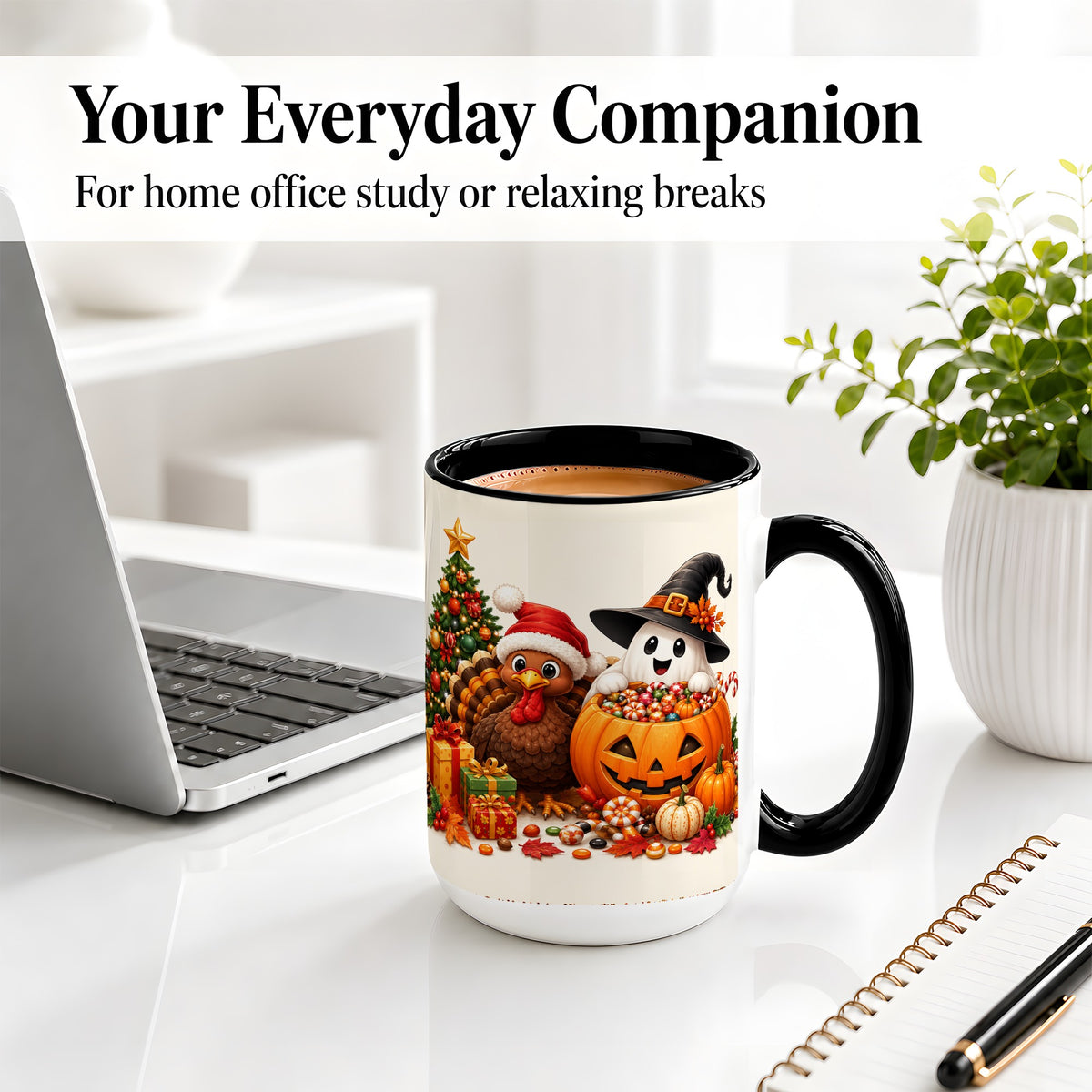 #pl[15oz|Black] Holiday Ghost Turkey Ceramic Mug, Halloween Christmas Artwork