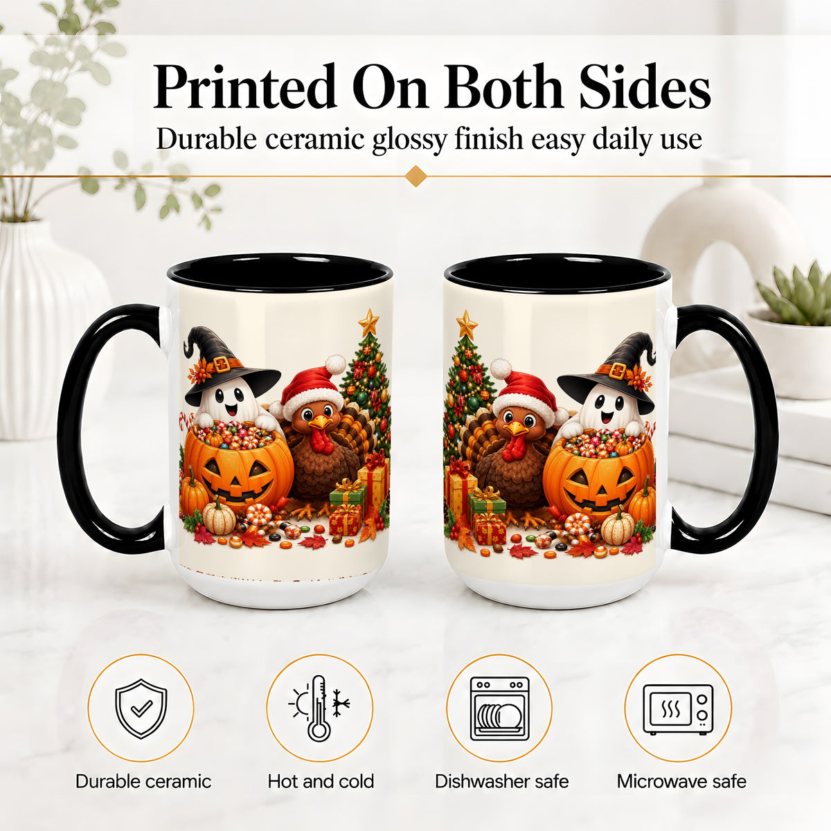 #pl[15oz|Black] Holiday Ghost Turkey Ceramic Mug, Halloween Christmas Artwork