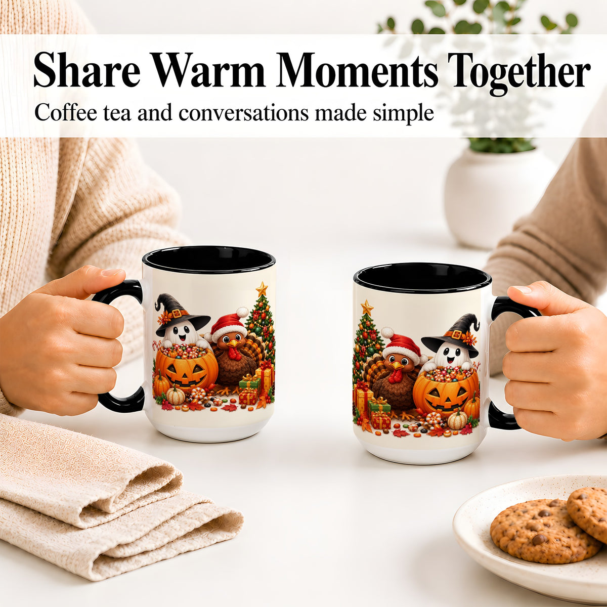 #pl[15oz|Black] Holiday Ghost Turkey Ceramic Mug, Halloween Christmas Artwork