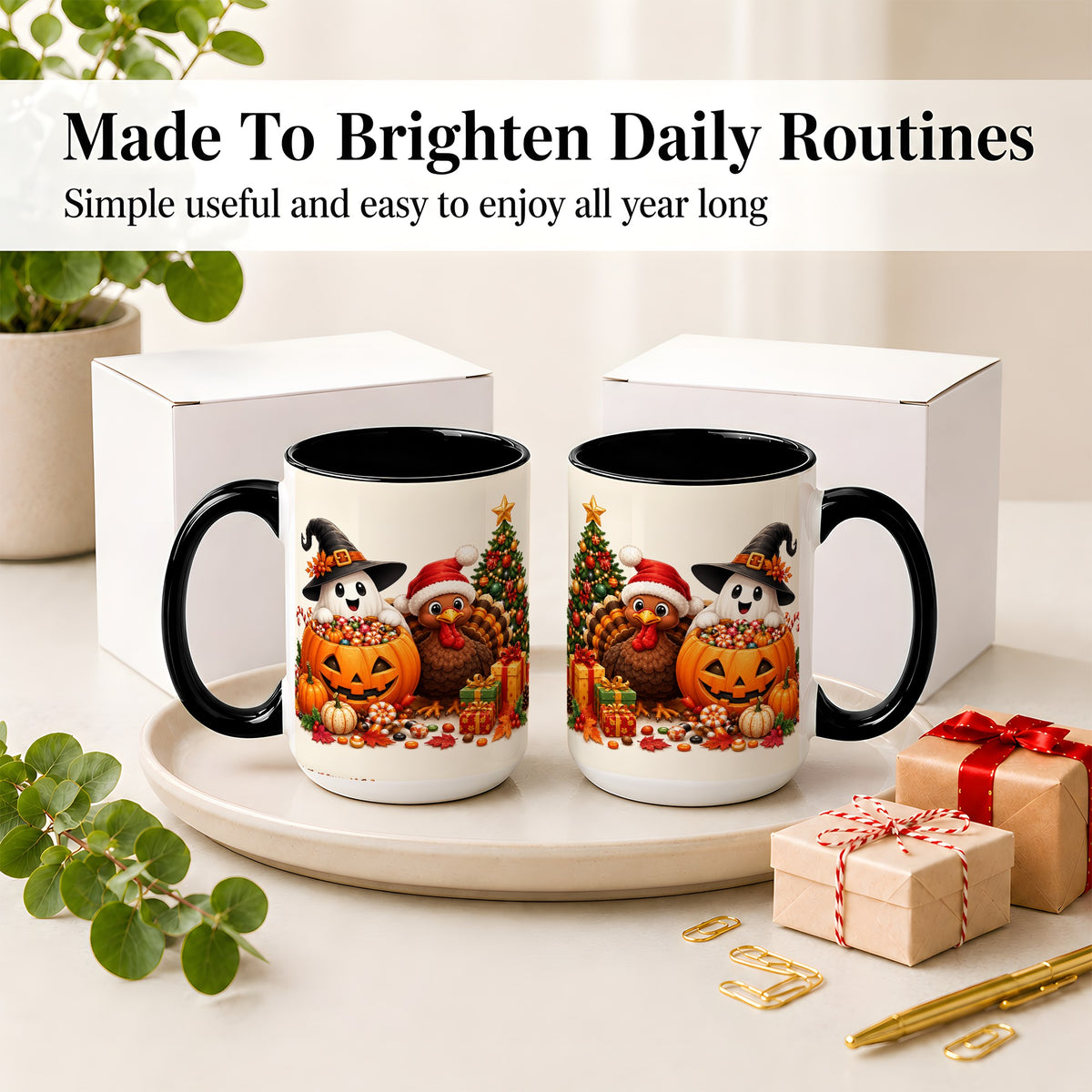 #pl[15oz|Black] Holiday Ghost Turkey Ceramic Mug, Halloween Christmas Artwork