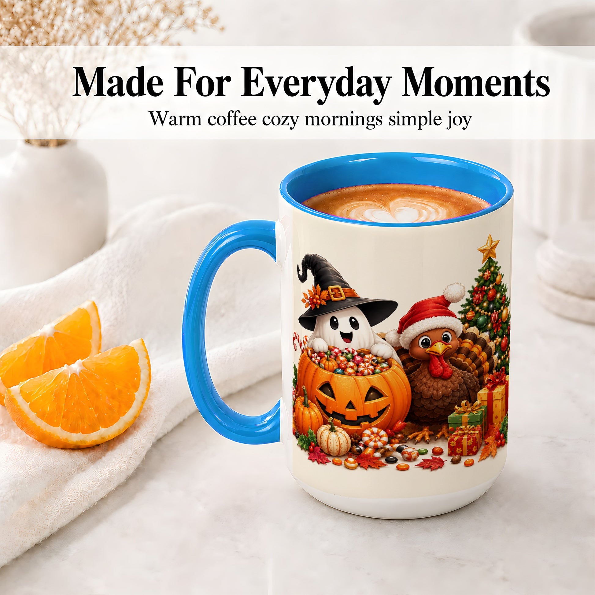 #pl[15oz|Blue] Holiday Ghost Turkey Ceramic Mug, Halloween Christmas Artwork