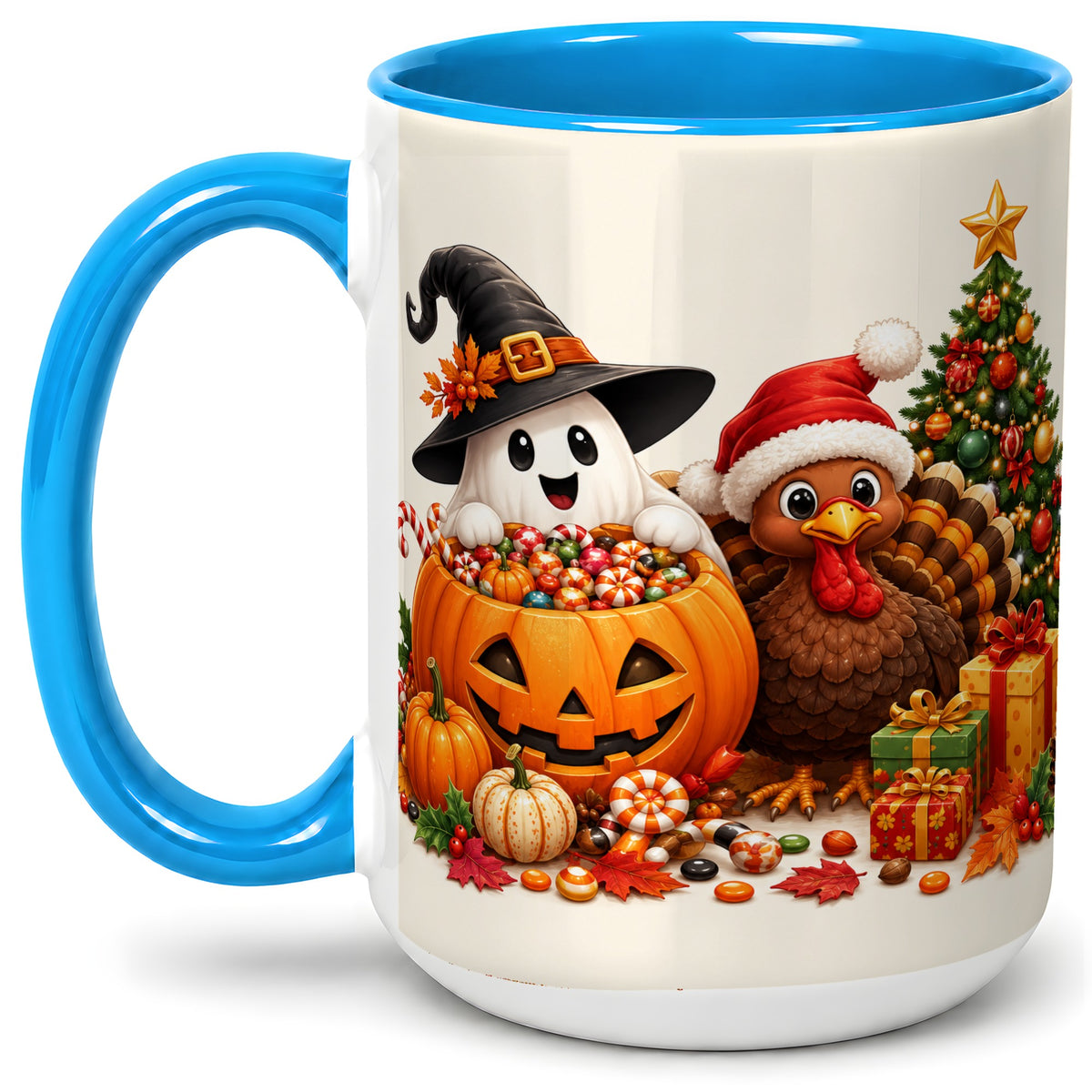 #pl[15oz|Blue] Holiday Ghost Turkey Ceramic Mug, Halloween Christmas Artwork