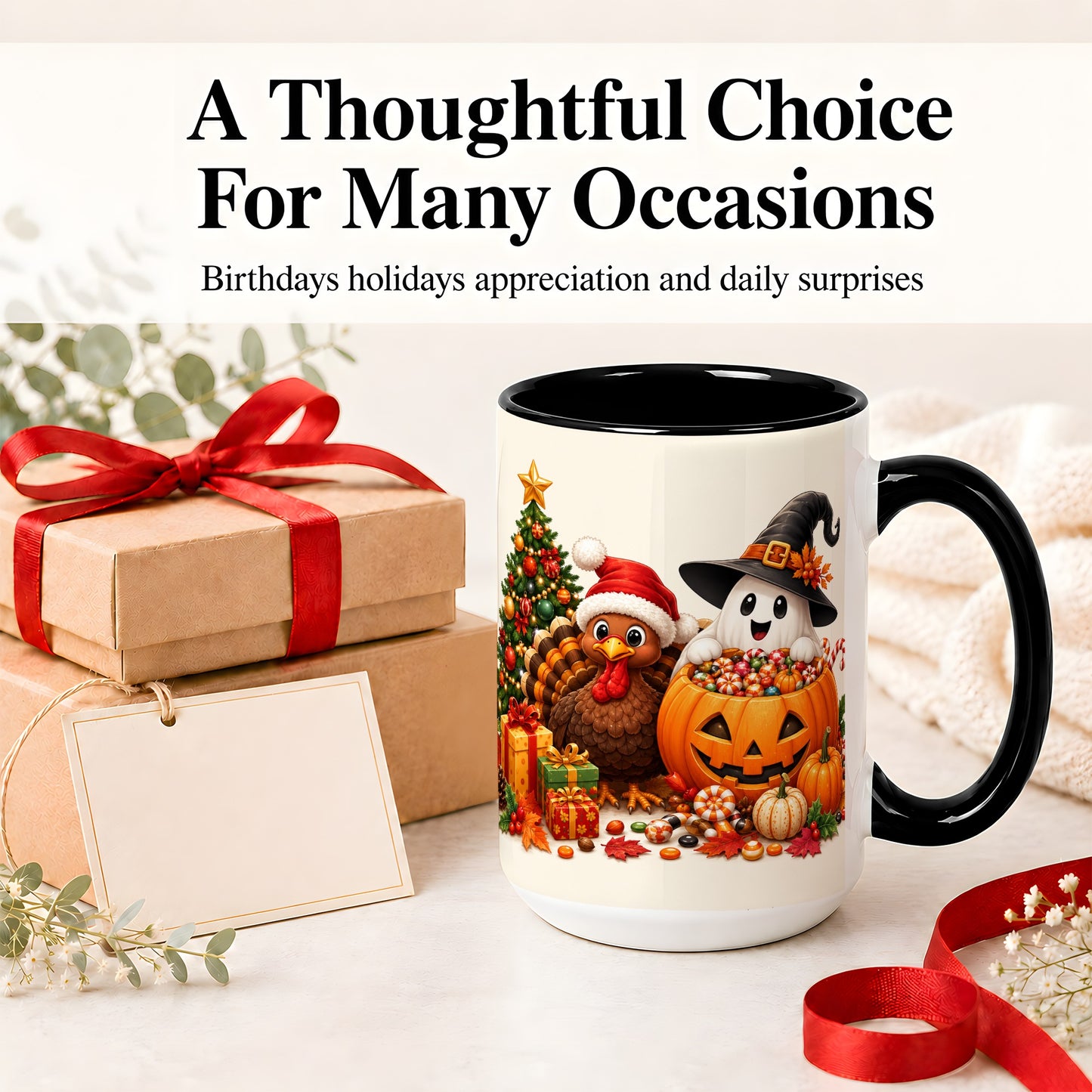 #pl[15oz|Black] Holiday Ghost Turkey Ceramic Mug, Halloween Christmas Artwork