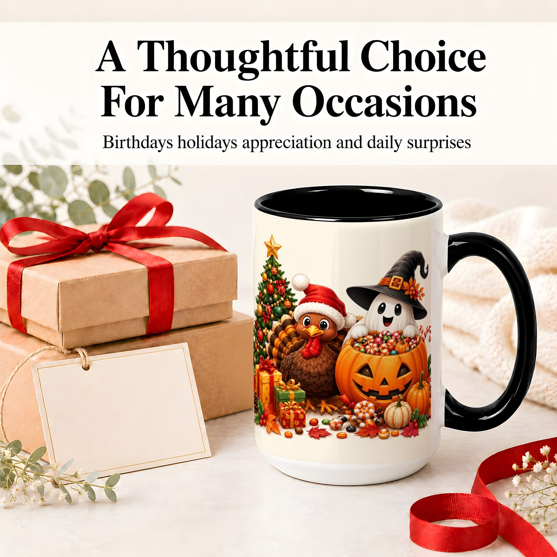 #pl[15oz|Black] Holiday Ghost Turkey Ceramic Mug, Halloween Christmas Artwork